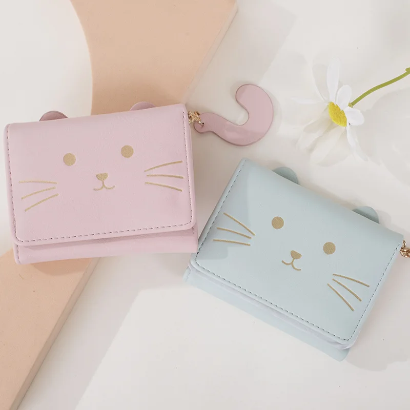 Women\'s Wallet Cute Cat Short Wallet Trend PU Small Fashion Purse Solid Color Coin Purse Ladies Card Bag Wholesale