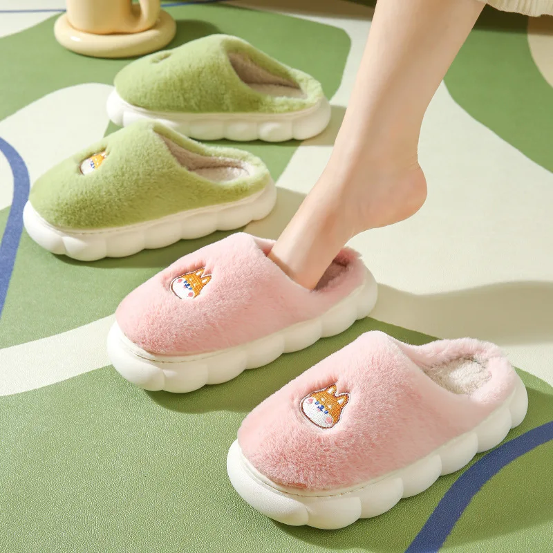 Winter Cotton Slippers Cute Cartoon Animals Furry Slippers Women Home Non-slip Flip Flops Ladies Warm Plush Platform Fur Slides