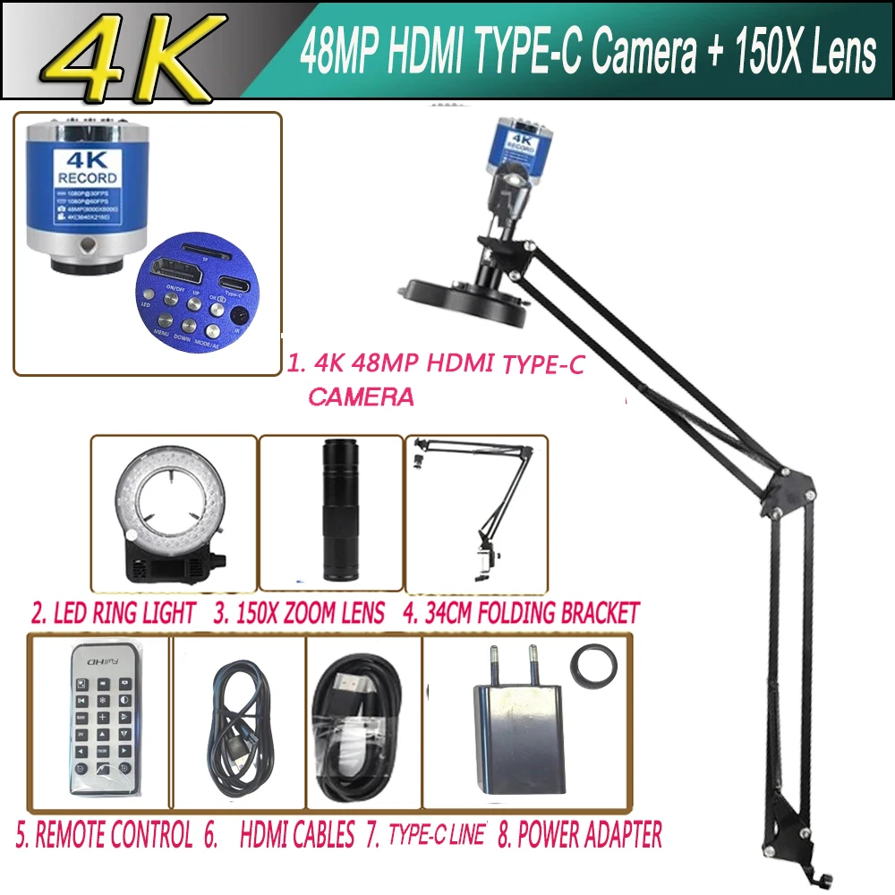 4K electronic digital microscope for laboratory mobile phone repair pcb welding 150x lens folding bracket remote control