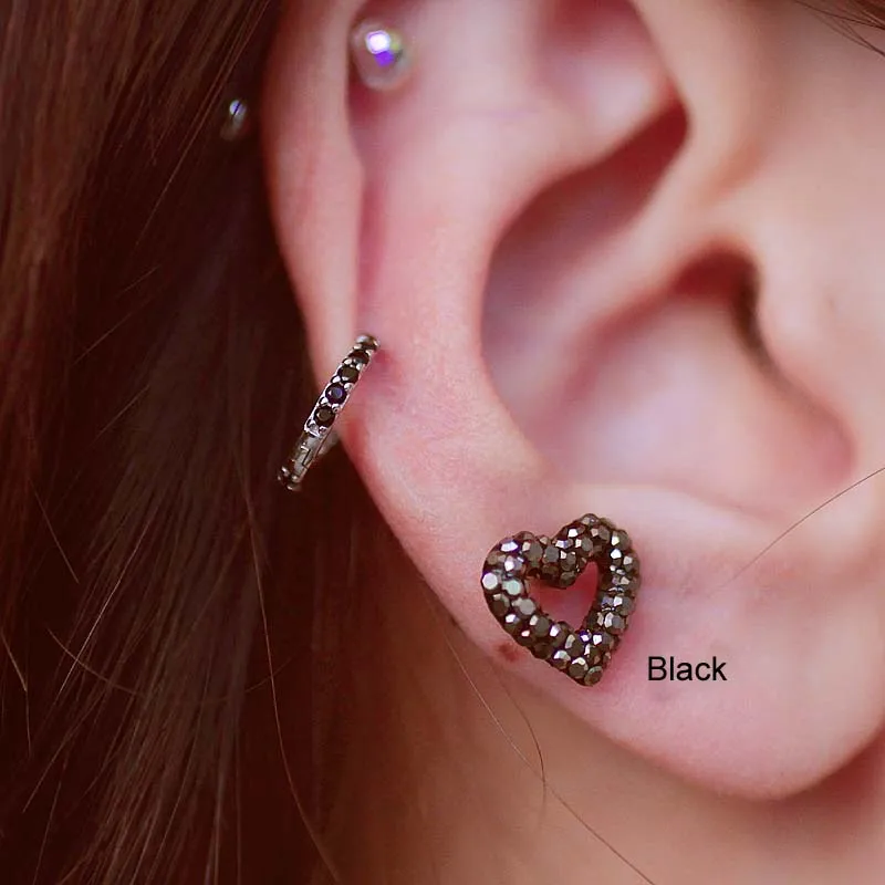 스테인리스 스틸 귀걸이 나선 피어싱 크리스탈 하트 플랫 이어 스터드, 한국 패션 이어 피어싱 나사, 소녀 쥬얼리, 1PC, 신제품