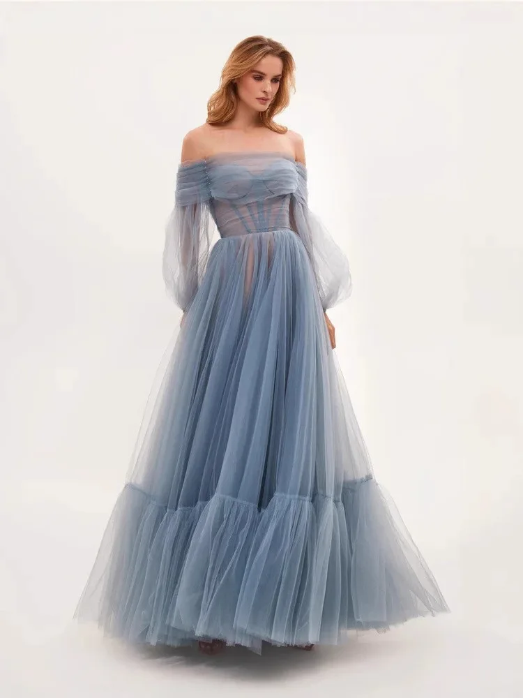 

New Long Women's One Shoulder Mesh Long Sleeved Dress Sexy Tulle Full Dress