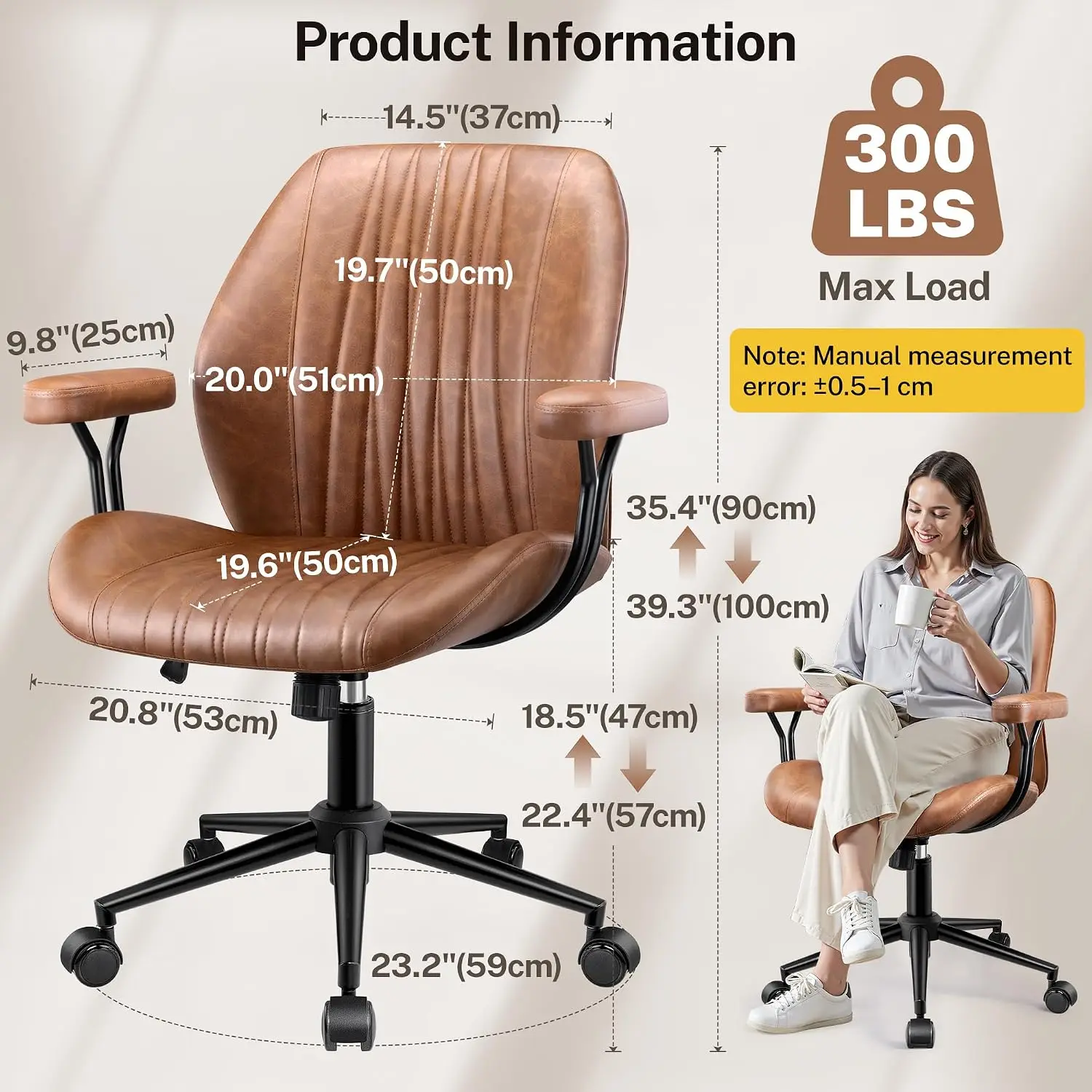 Leather Office Chair Removable Armrests Mid Back Ergonomic Desk Chair Lumbar Support Adjustable Height Rocking Swivel Executive
