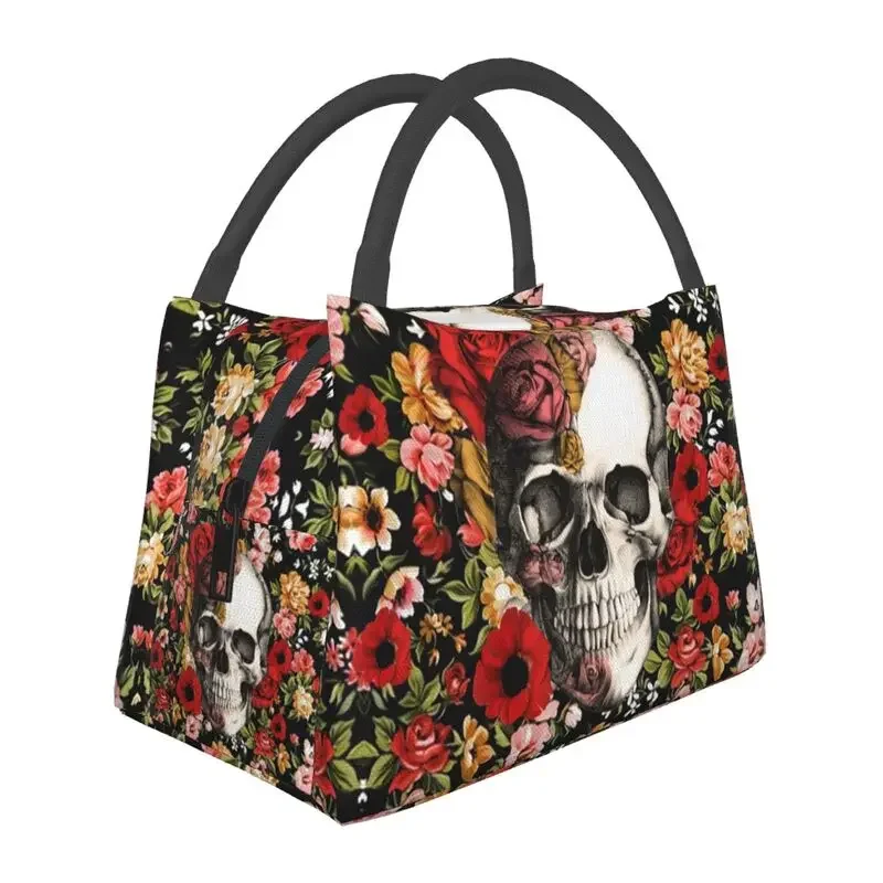 Bloom Floral Skull With Roses Lunch Box for Women Sugar Skull Thermal Cooler Food Insulated Lunch Bag Hospital Office Container