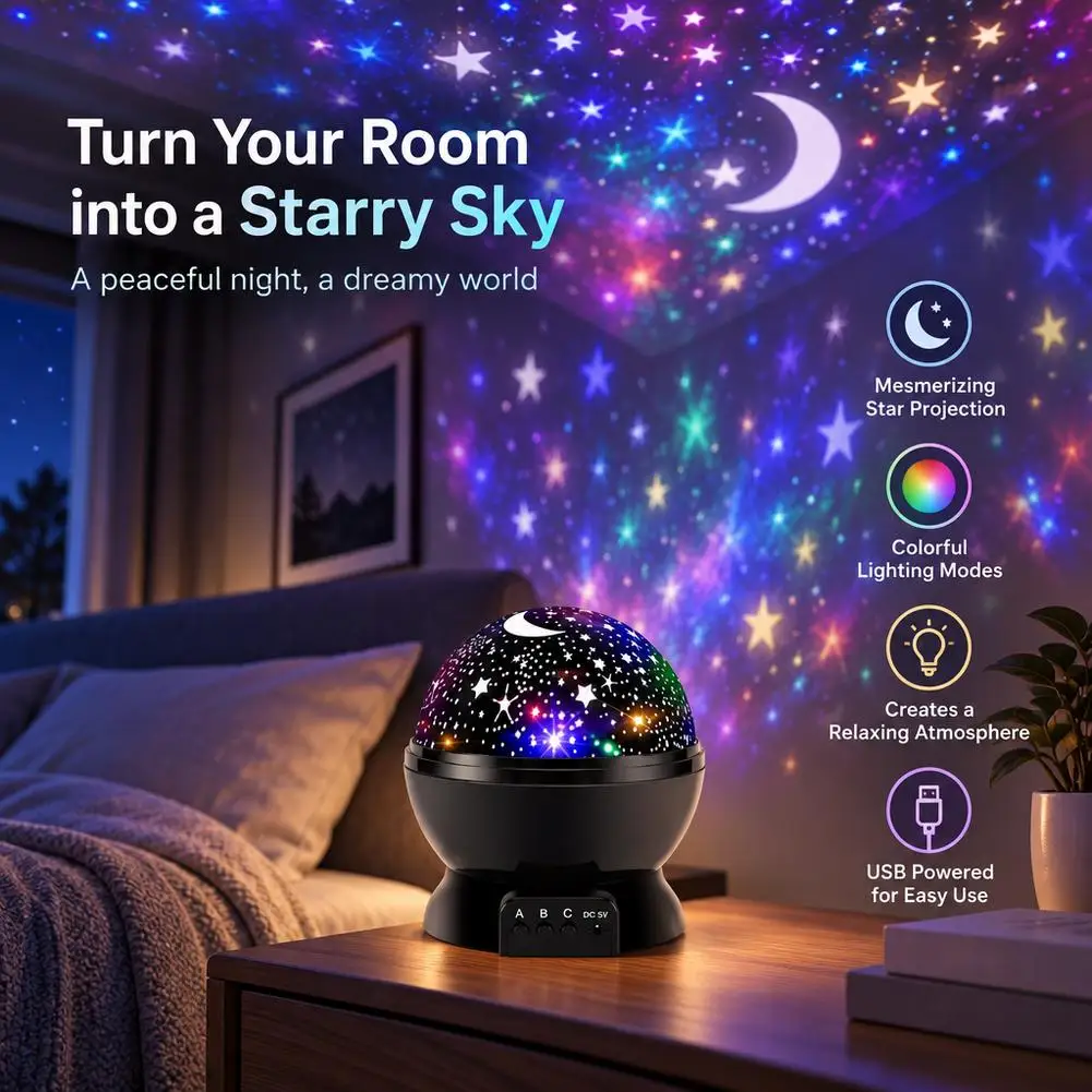 LED Starry Sky Night Light Projector USB Rotating Moon Star Projection Lamp Atmosphere Light For Kids Bedroom Decor Gift