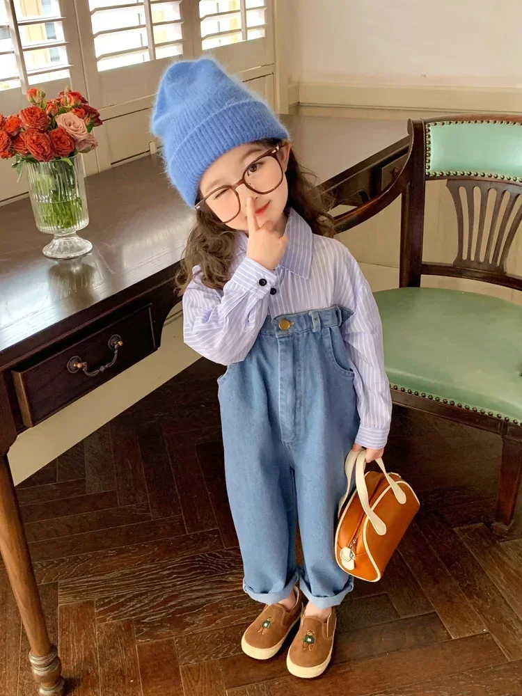 Boys Girls Denim Jumpsuit Spring Autumn Long Sleeve Striped Shirt Patchwork Jean Romper Children Loose Casual Overalls