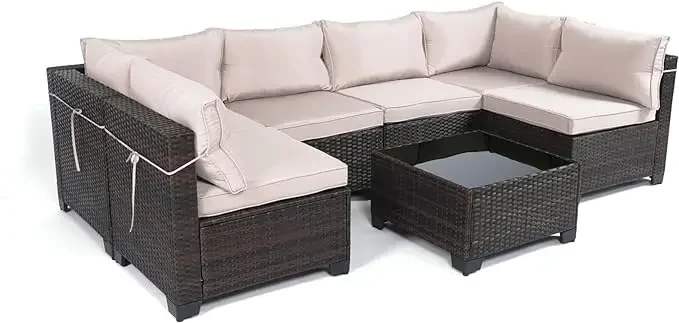 

7pcs Outdoor Patio Furniture Sets,Rattan Conversation Sectional Set,Manual Weaving Wicker Patio Sofa with Tea Table