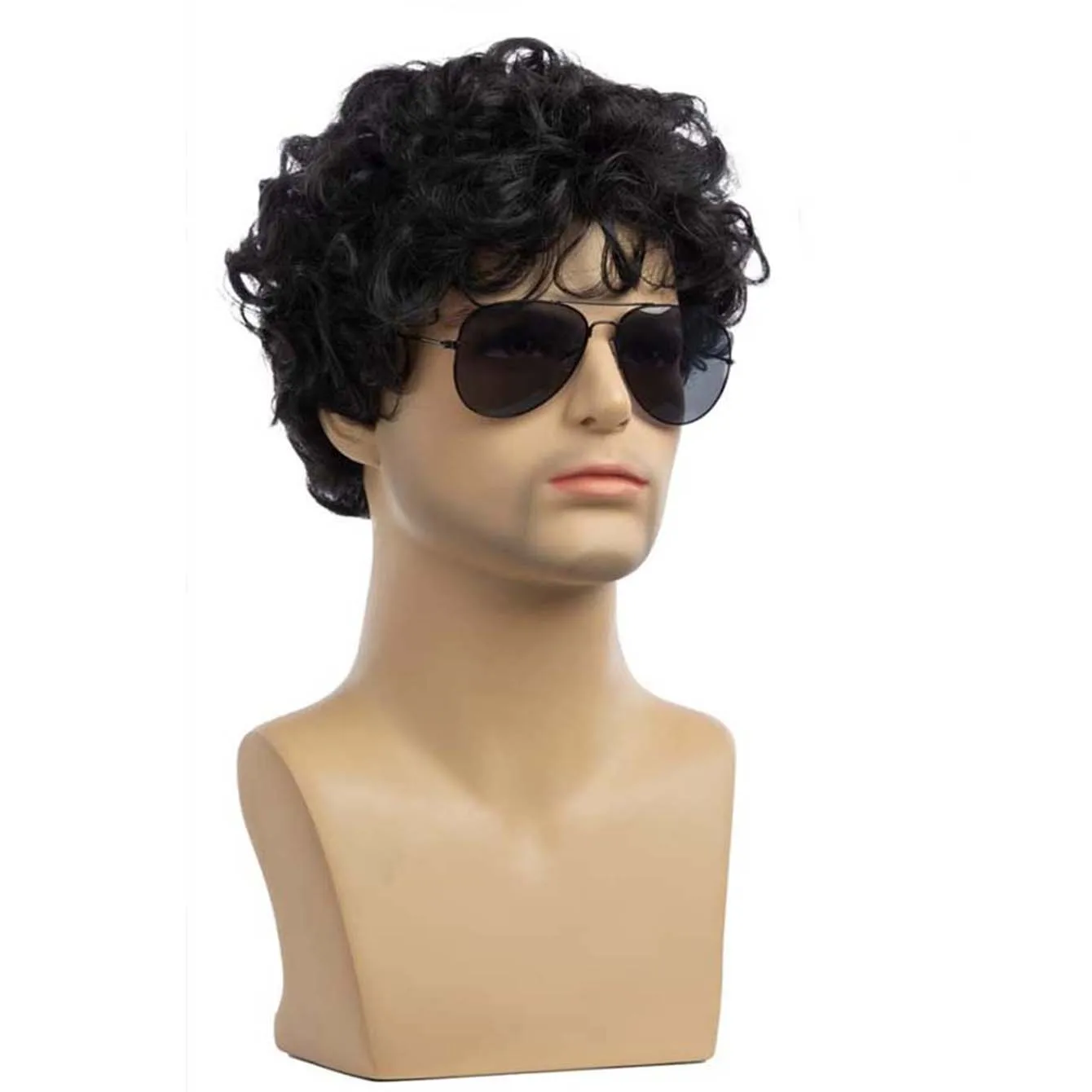 Pelucas negras cortas sintéticas con flequillo para hombres, cabello rizado esponjoso, resistente al calor diario, peluca masculina transpirable