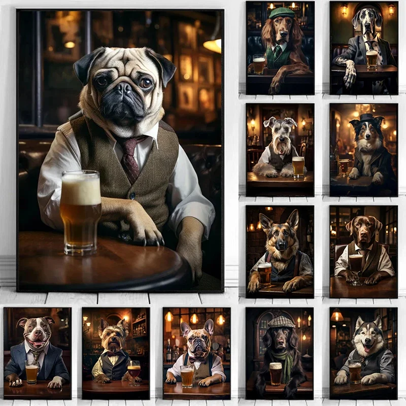 Cute Dog in The Pub Poster Prints Canvas Painting Pug German Shepherd Corgi Collie Animal Beer Wall Art Room Home Decor Cuadr