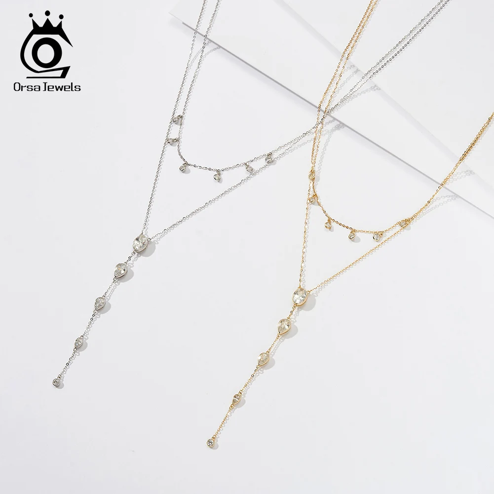 ORSA JEWELS 925 Sterling Silver Y-Shaped Necklace with 5A Cubic Zirconia for Women Choker Necklace Birthday Party Jewelry BQN16