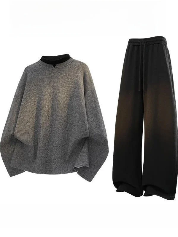 

Мужской осенне-зимний теплый комплект, искусственная двухсекционная футболка с высоким воротником, длинная футболка све, повседневные спортивные штаны, толстовка, комплект из двух предметов