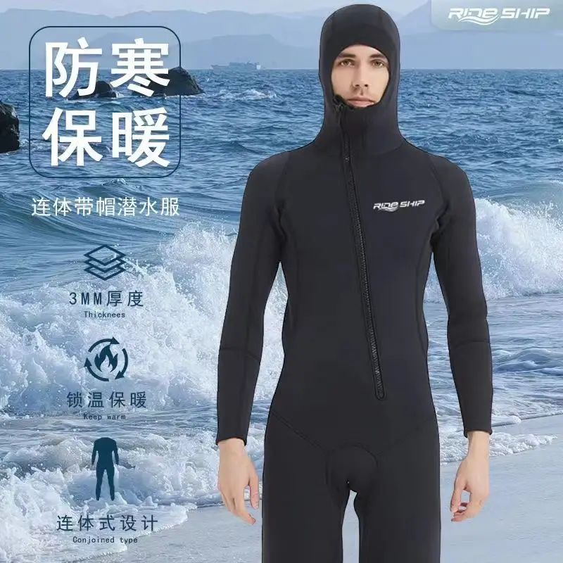 3 Mm One-piece Hooded Wetsuit Men Swimming Glove Stockings Zipper Swimsuit Long-sleeved Bathing Surf Suit Thermal Warm