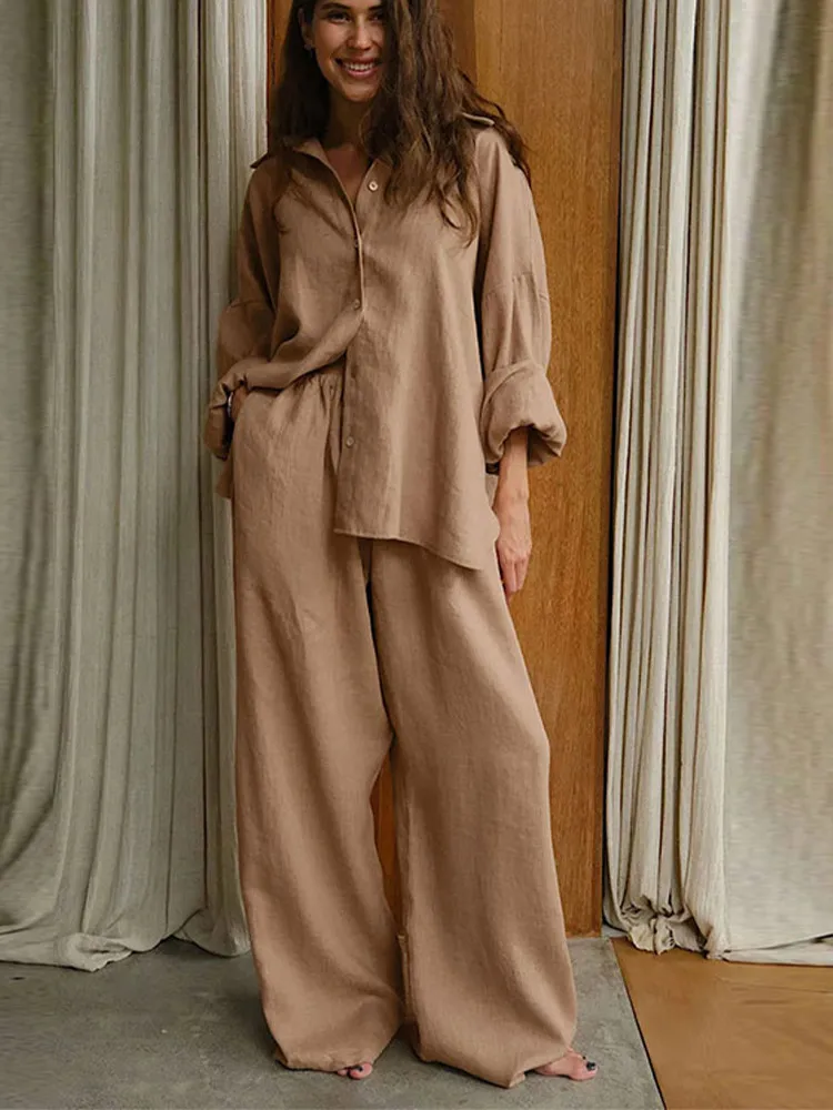 

Minimalism Women's Blouses Pants Sets Solid Color Casual Women Shirt Loose Pants Fashion New Long Sleeve Shirts Trousers Set