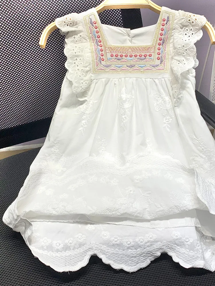 2024 Fashion White Lace Hollow Kids Girls Dress Short-sleeved  Princess Dress Children\'s Embroidered  Dresses