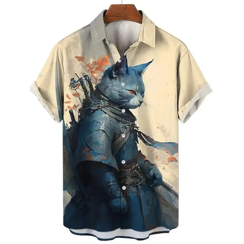 Fashion Men\'s hawaiian shirts 3D Print Japanese Camurai Cat Casual For Men summer short sleeve tee tops Aloha