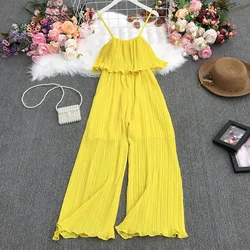 Summer New European and American Fashion Slimming Stitching Pleated Solid Color Suspenders One-piece Trousers Women's Fashion