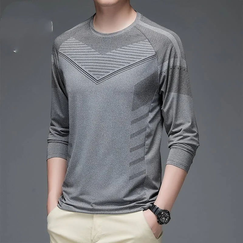 Minimalist Trendy Spring Quick Drying Men's Round Neck Print Ice Silk Fabric Fashion Casual Sports Slim Long Sleeve T-shirt Top