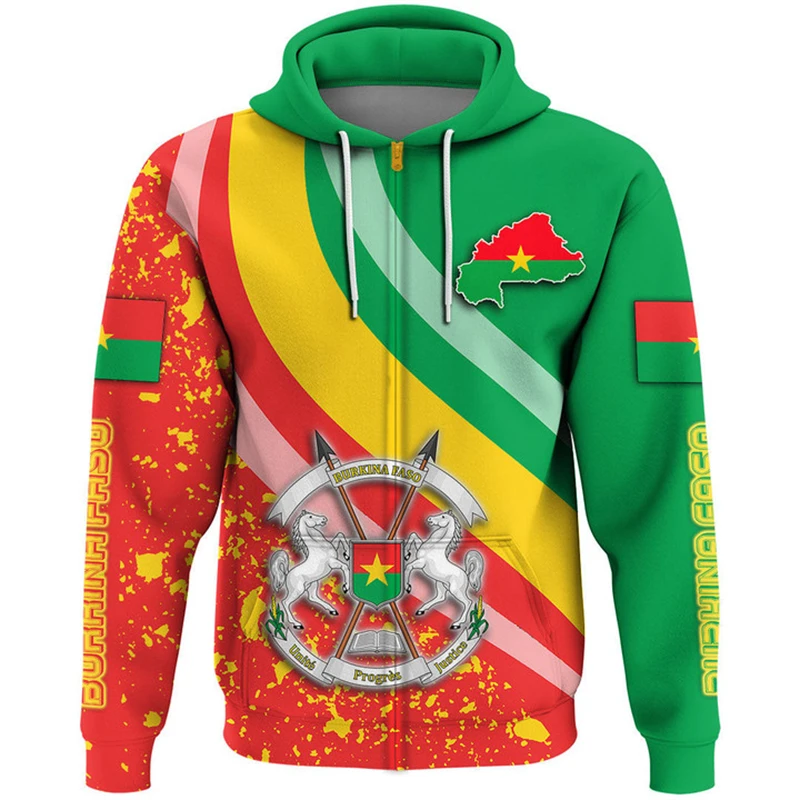 Burkina Faso Flag Map Graphic Sweatshirts BF National Emblem Zip Up Hoodie For Men Clothes Casual Daily Sportwear Boys Pullovers