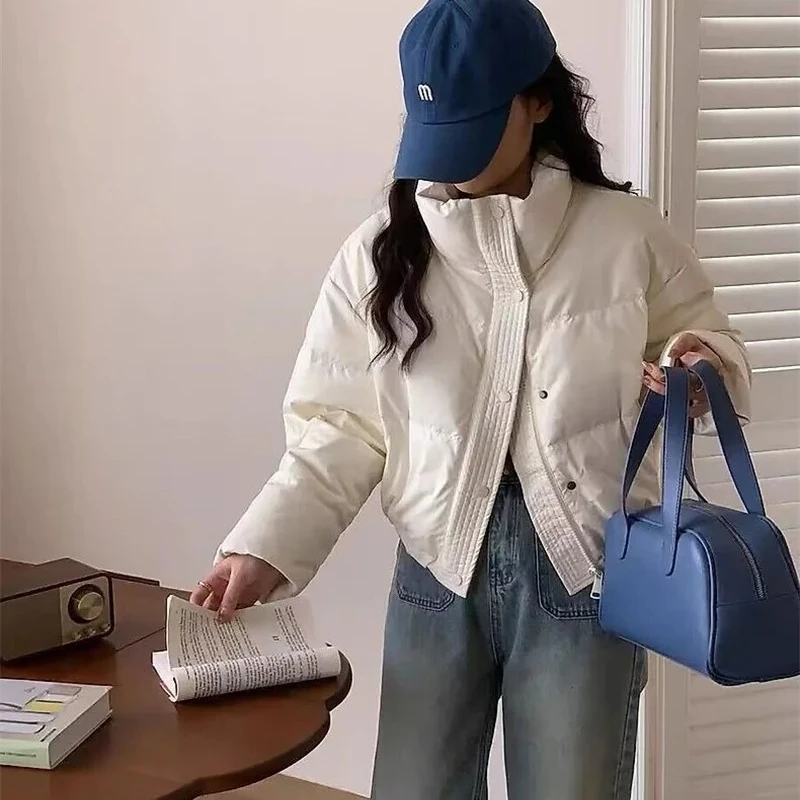 جديد الشتاء النساء سميكة وهمية الرقبة القطن وسادة مبطنة واحدة الصدر جيب عارضة أسفل معطف الشتاء الدافئة فضفاض معطف قصير #4