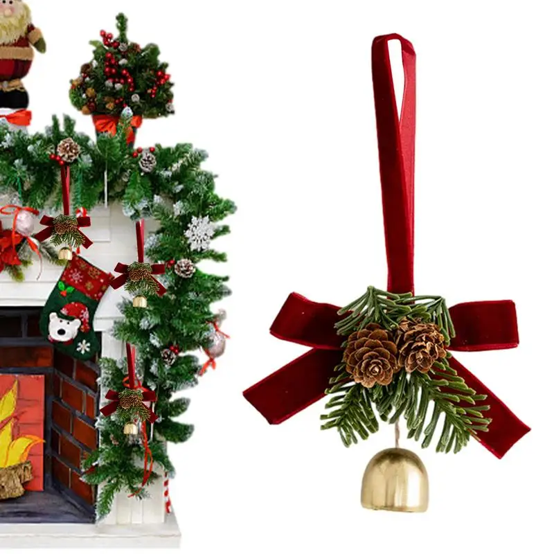 Colgante de campana de Navidad, colgante de campana de árbol de Navidad, guirnalda rústica roja y verde, cono de pino simulado con correa de lazo para manija de puerta