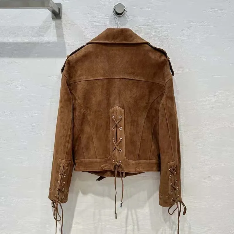 High Quality Genuine Leather Jacket Turn-Down Collar New Fashion 2024 Women Coat Spring Sheepskin Suede Short Length