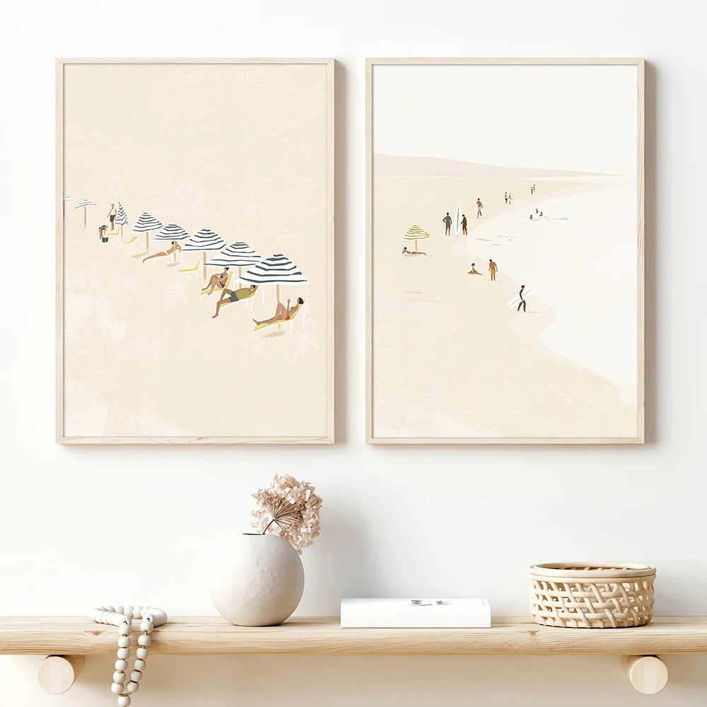 

Set of 2 No Framed Summer Coastal Beach Wall Art Vintage Poster Canvas Print Minimalist Abstract Tiny People Ocean Surfing Aesth