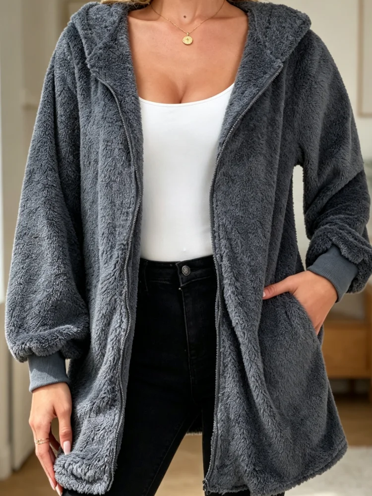 Fleece-Hoodie-Jacke für Damen mit Reißverschluss, Langarm, Locker Geschnittener Plüschmantel mit Taschen, Lässige Warme Winter-Oberbekleidung für den Alltag zu Hause – Detail 4
