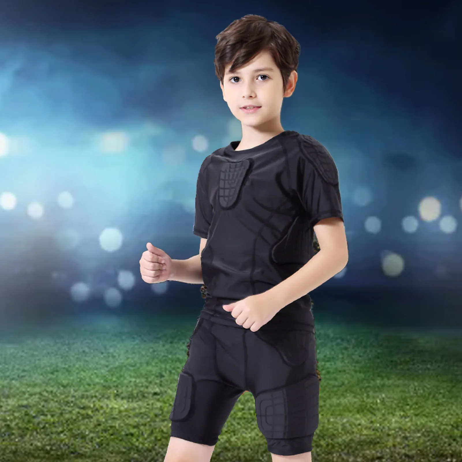 

Youth Padded Compression Shirt Short Sleeve Protective Shirt Rib Chest Protector Protective Gear for Football Rugby Basketball
