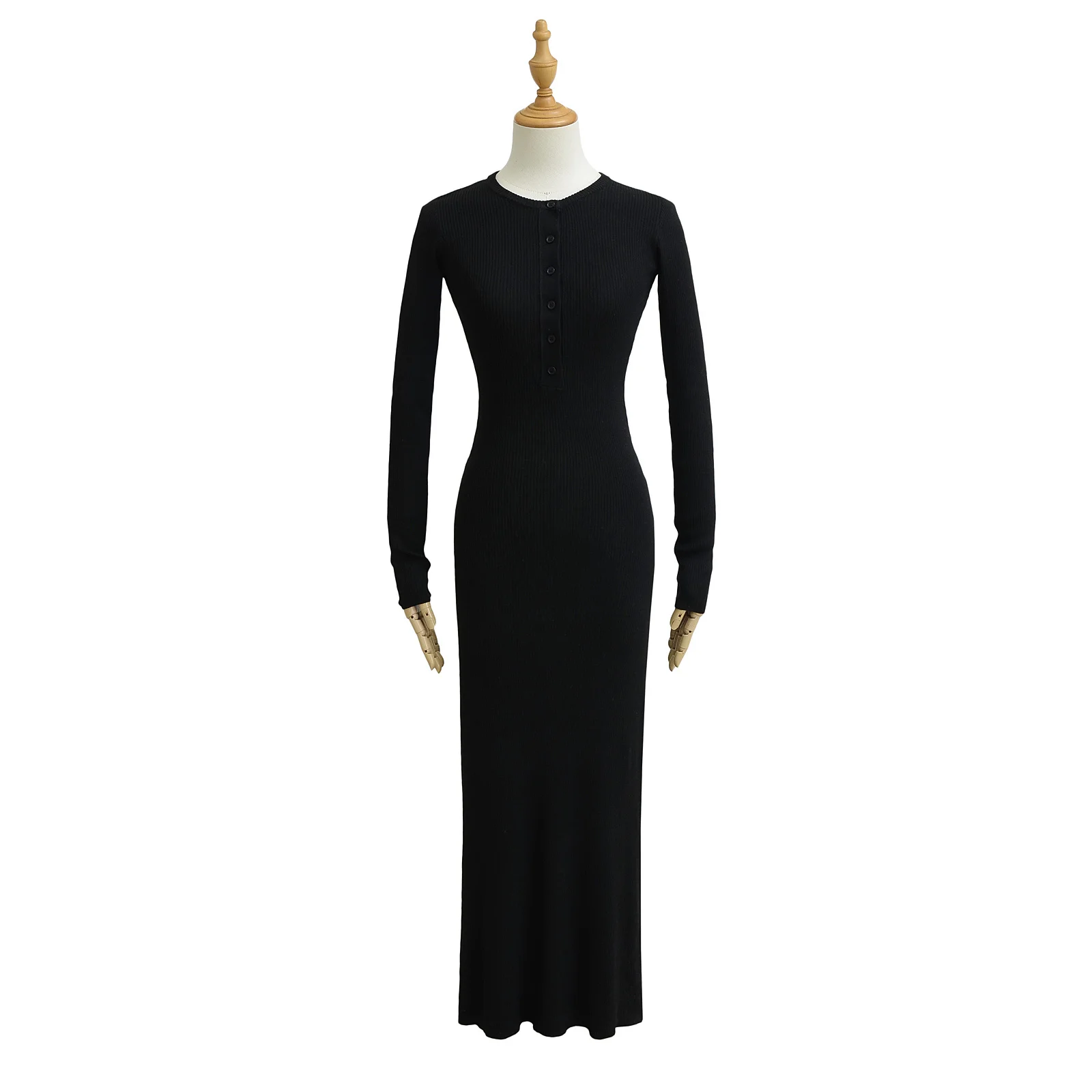 Pure Desire Soft Long Sve Knitted Dr Wanita Slim Fit bulat Ne Single Button Base Layer Wrap around Long Skirt
