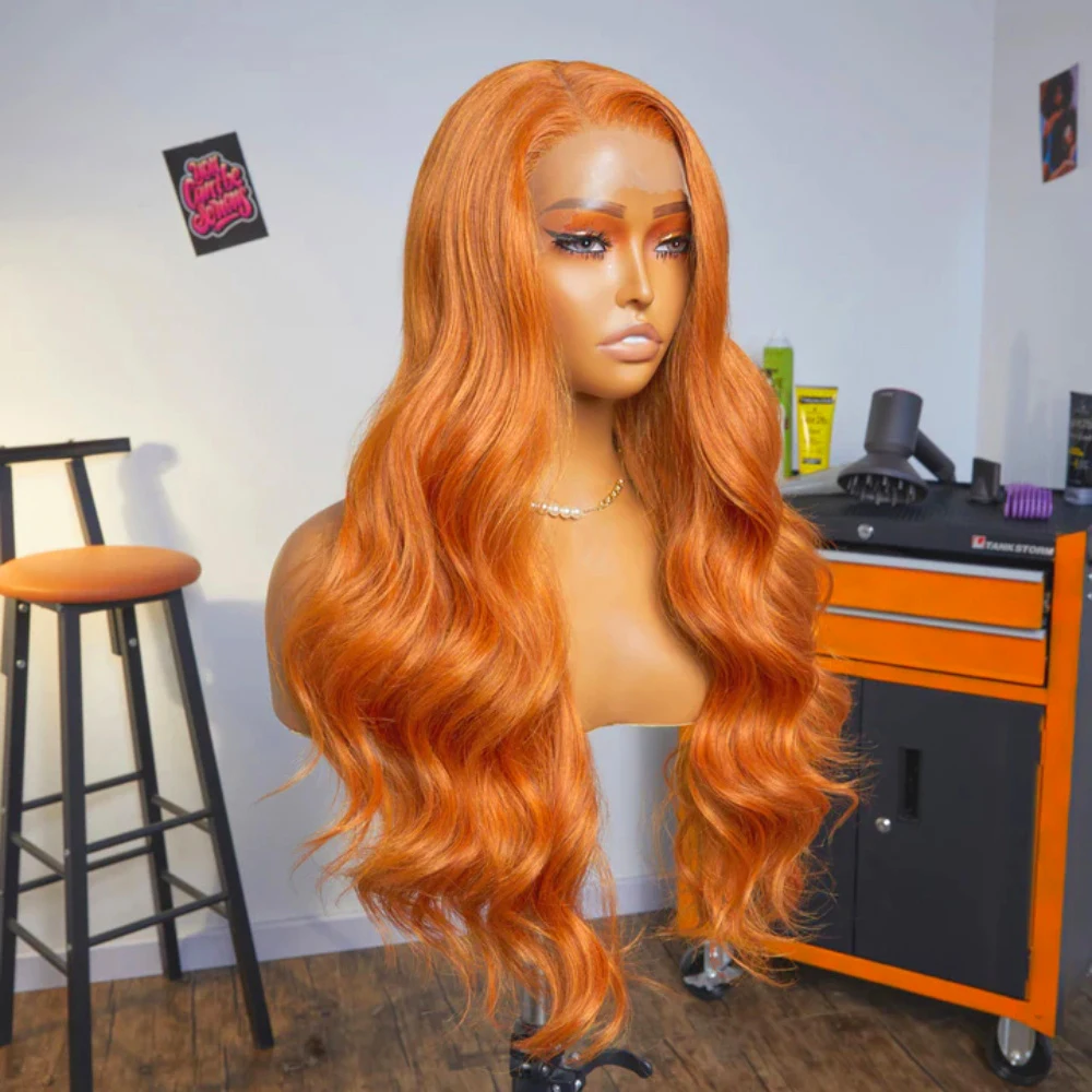 FANXITION Orange Hair Wig Long Body Wave Synthetic Lace Front Wigs for Women Heat Fiber Hair Natural Hairline Half Hand Tied Wig