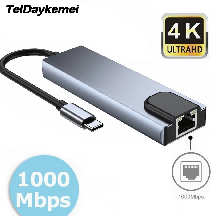 

Концентратор 5 в 1, адаптер типа C к 4K HD с сетью RJ45, адаптер порта зарядного устройства Ethernet Lan 1000M для Macbook Pro