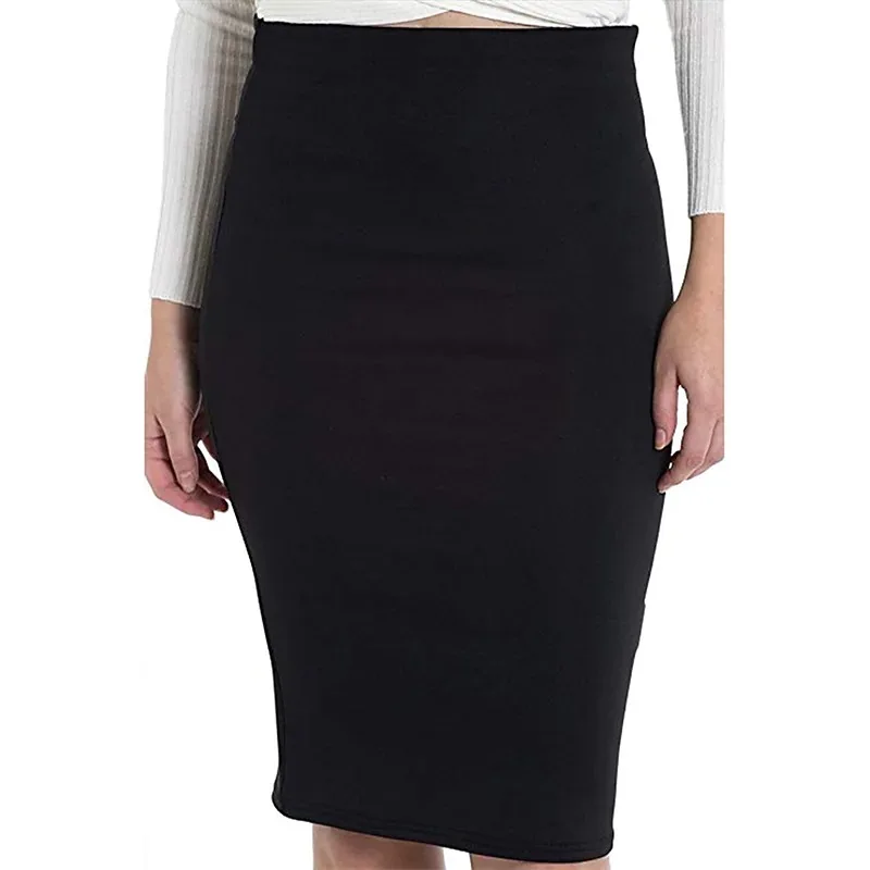 Women Solid Color High Waist Pencil Skirt Elastic Slim Fit Knee Length Business Office Commute Stewardess Work Skirts