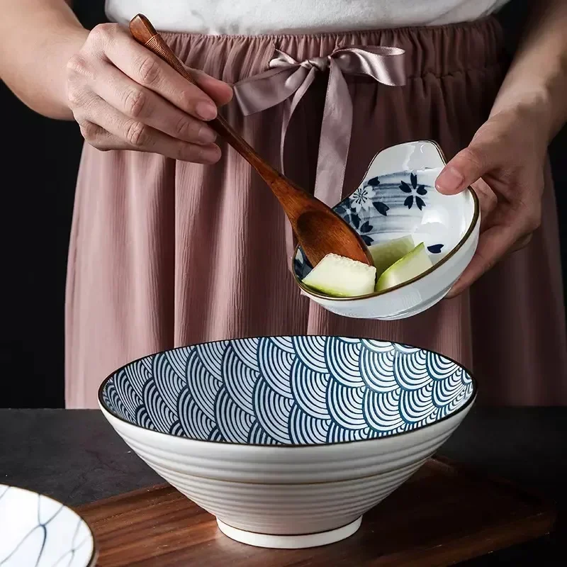 Japanese Ceramic Tableware, 8-inch Dobin Bowl, Flared Rim Ramen Soup Bowl, Creative and Stylish Underglaze Design