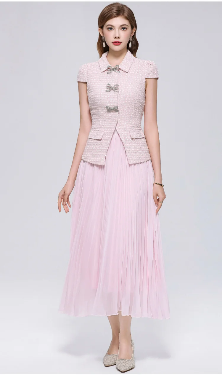 

Women Dress Pink Tweed Two Piece Set with Pleated Midi Skirt Crystal Bow Short Sleeve Elegant Outfit for Party