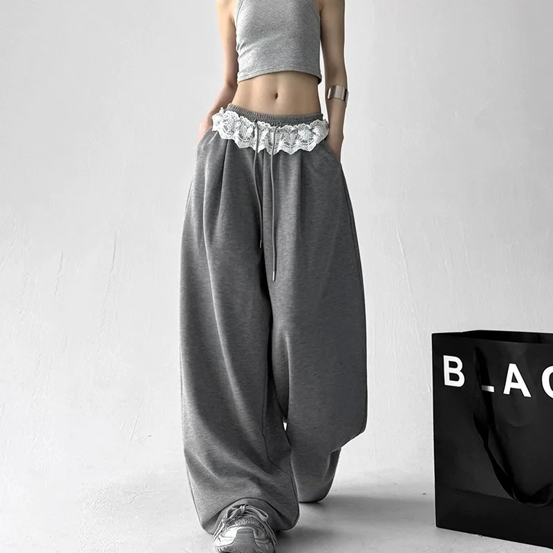 

Wide-leg Women's Summer Solid Color Lace Drawstring Casual Korean-style Drape Sporty Laid-back Sweet Girl Pure Desire Long Pants
