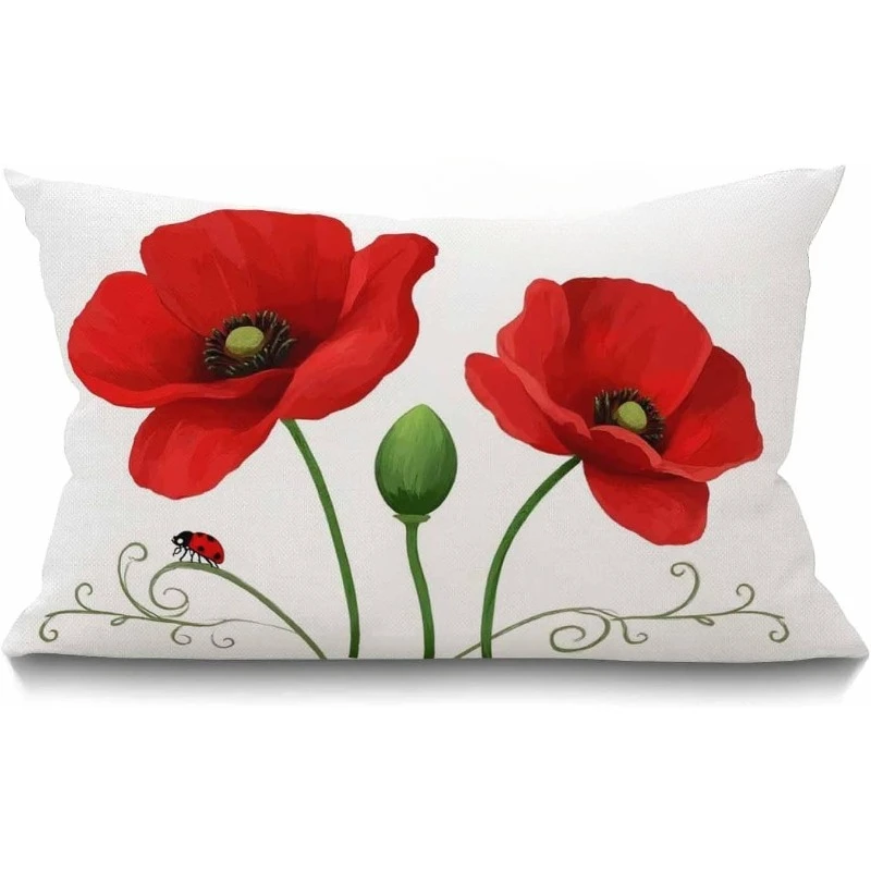 1pc Red Poppy Flower Ladybug Lumbar Pillow Cover,Suitable for Sofa,Bedroom,Living Room,Spring Decor,Sweet Gift for Flower Lovers