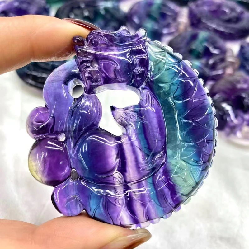 Beautiful Natural Fluorite Dragon Fox Yin Yang Tai Chi Figurine Well-cut Rainbow Crystal Gems Sun Moon Statue Special Collection