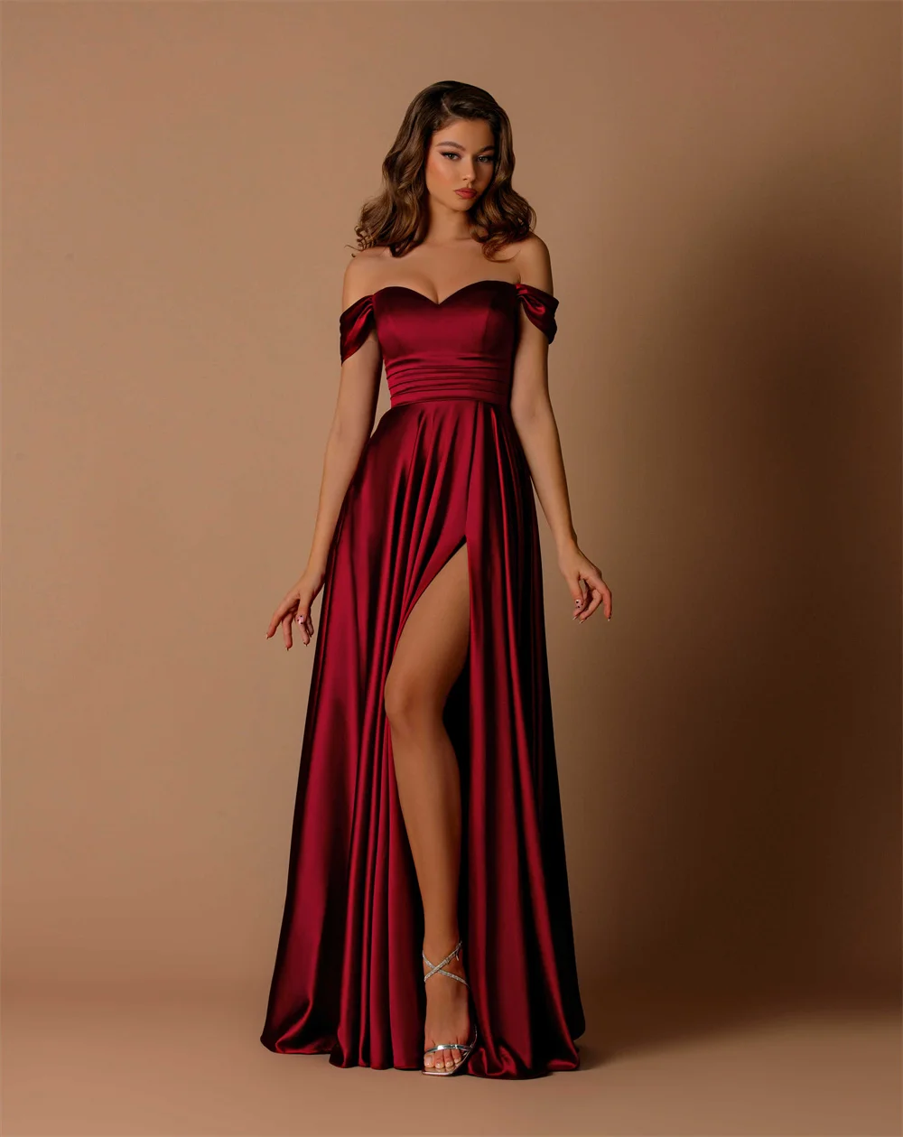 Satin Off-the-shoulder Sweetheart Bridesmaid Dresses With Split Pleated Corset Prom Gowns Sleeveless A-line Long Evening Gowns