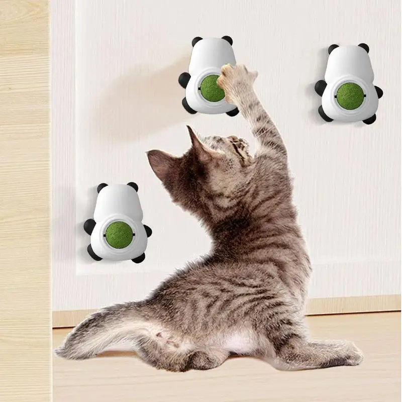 Catnip Chew Ball Cat Catnip Edible Wall Ball 3 Pieces Licker Rotatable Panda Shaped Catnip Snack Roller Ball Kitten Chew Toy For