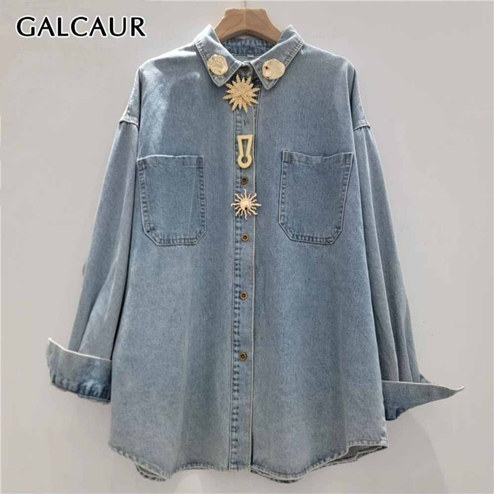 

GALCAUR Blue Spliced Pocket Chic Jacket Female Lapel Long Sleeve Loose Streetwear Design Women's Jackets Autumn Fashion Style