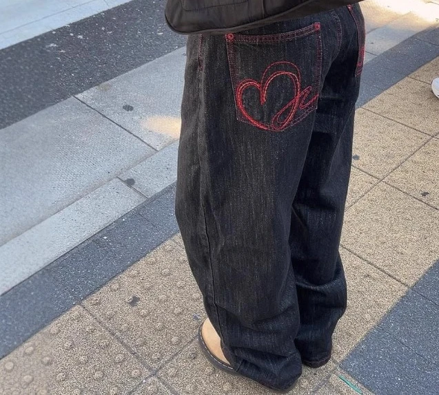 

Autumn/Winter Street Retro Love Printed Red Thread Loose Casual Jeans
