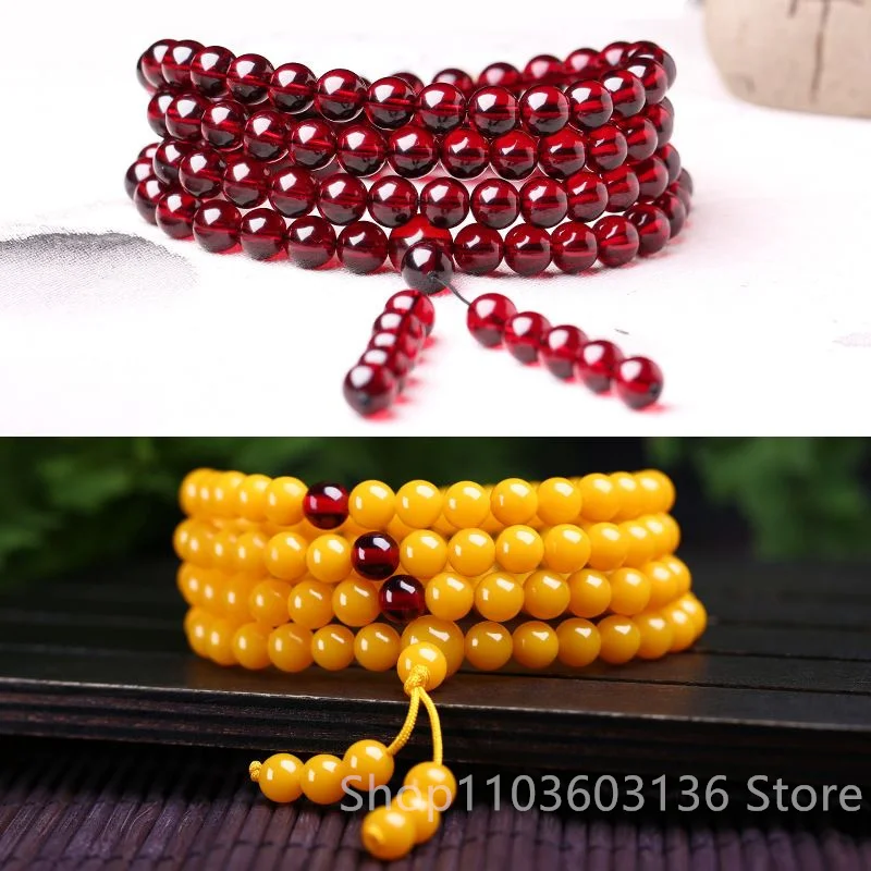 Pulsera con cuentas de Buda para hombre y mujer, brazalete Natural de cera de abeja ámbar 108, estilo nacional, novedad