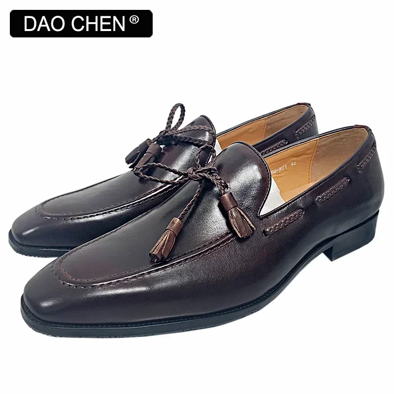 LUXURY BRAND MEN'S LEATHER SHOES BLACK BROWN TASSEL LOAFERS SLIP ON MENS DRESS SHOES WEDDING OFFICE CASUAL SHOES FOR MEN