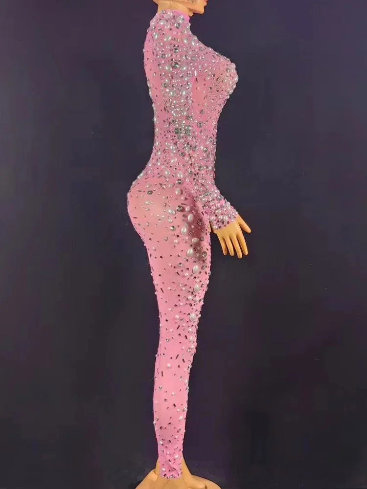 Hoge kwaliteit hot stamping roze elastische jumpsuit 2025, nieuwe mode op maat gemaakte dameskleding