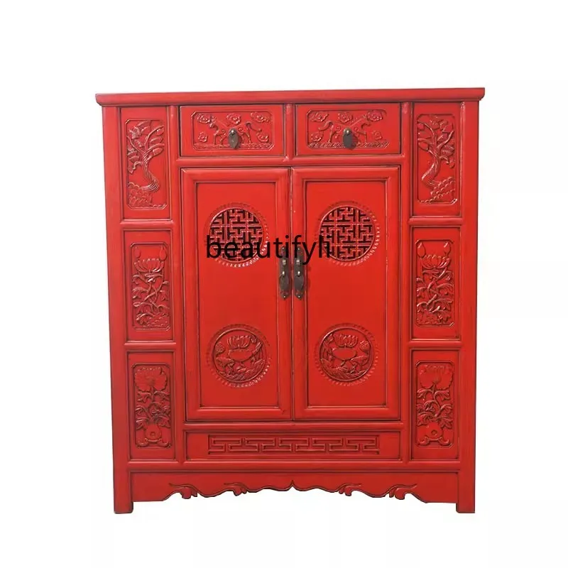 

Retro solid wood Chinese carved porch cabinet nostalgic dining side traditional locker living room display cabinet bookcase