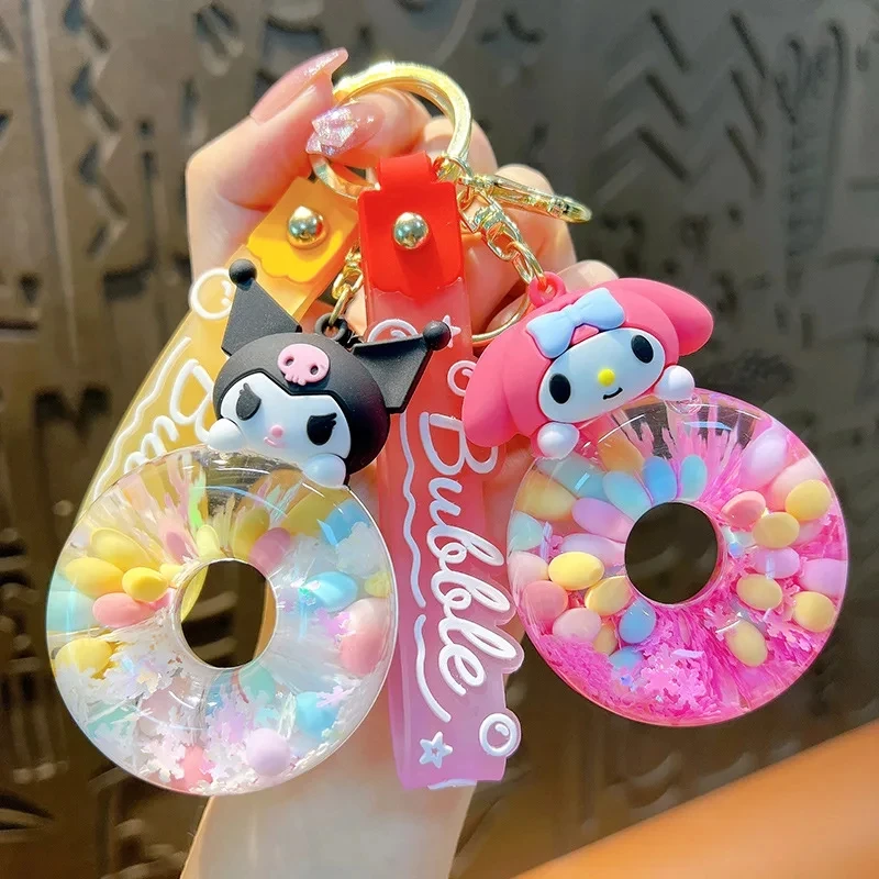 New cute Sanrio Donut Kuromi Cinnamoroll Hello Kitty keychain acrylic quicksand bottle cartoon doll bell backpack pendant gift