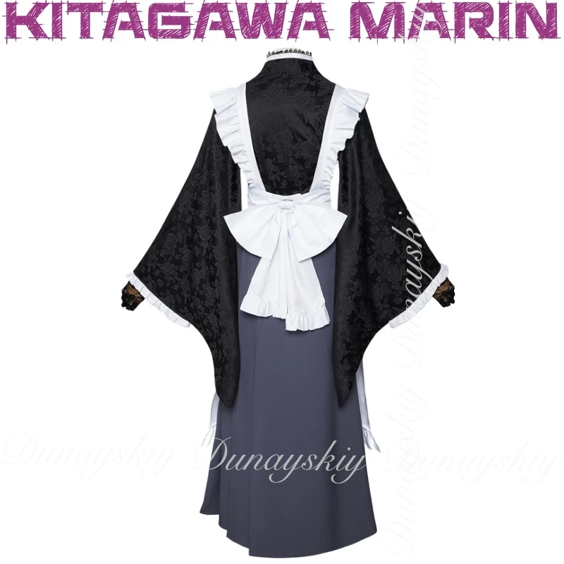 فستاني المحبوب أنيمي كيتاجاوا مارين كوسبلاي مع زي الخادمة باللون الأسود والأبيض مع زي تنكري للشعر المستعار الأسود مليء بالمجموعة