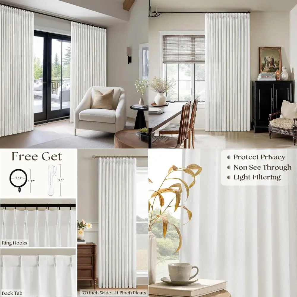

Linen Pleated Wide Curtains 90 x 70, Semi-Sheer Beige Privacy for Patio Doors, 1 Panel