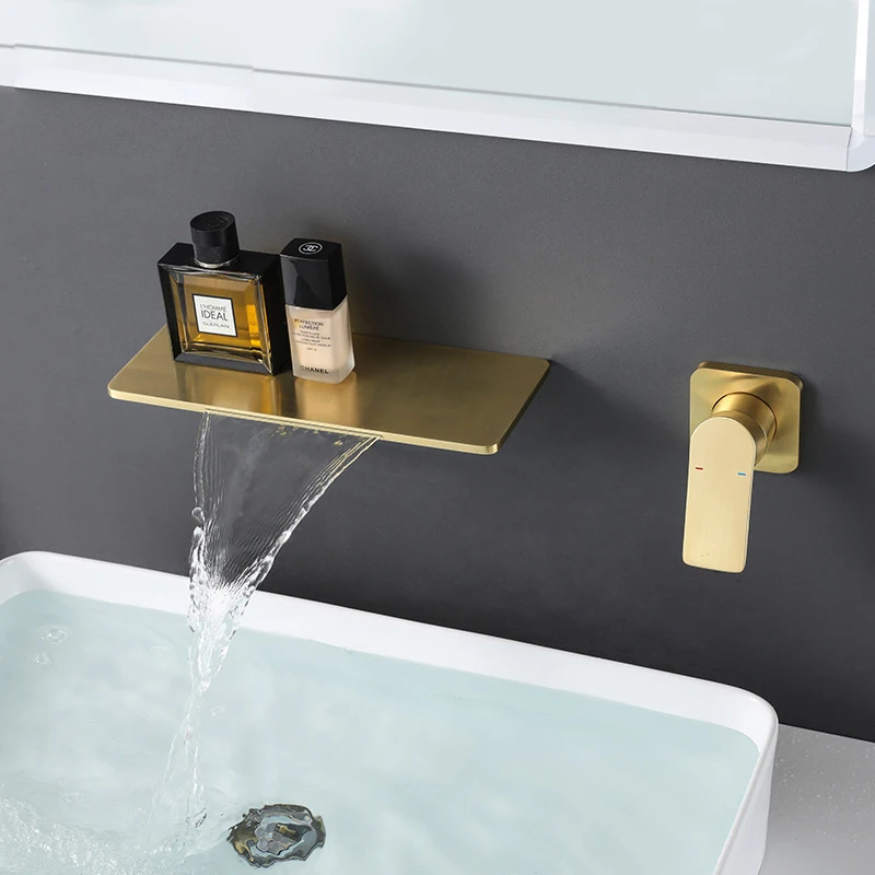 Brushed Gold Brass Waterfall Output Hot And Cold Water Wall Mount Split Independent Switch Basin Faucet