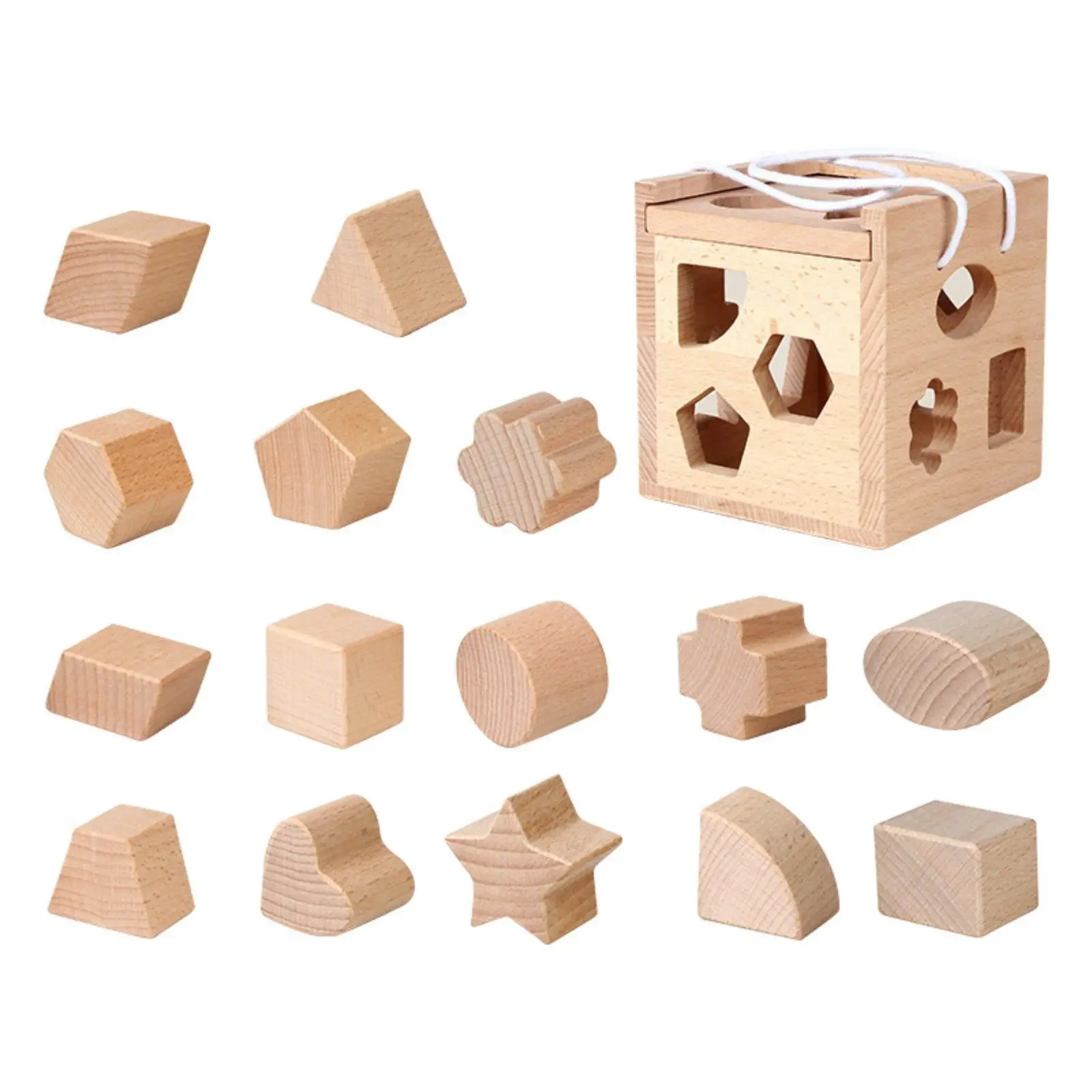 15 Hole Intelligence Box Unpainted Wooden Shape Sorter Box Early Learning Wooden Shape Sorting Puzzle for Young Children,