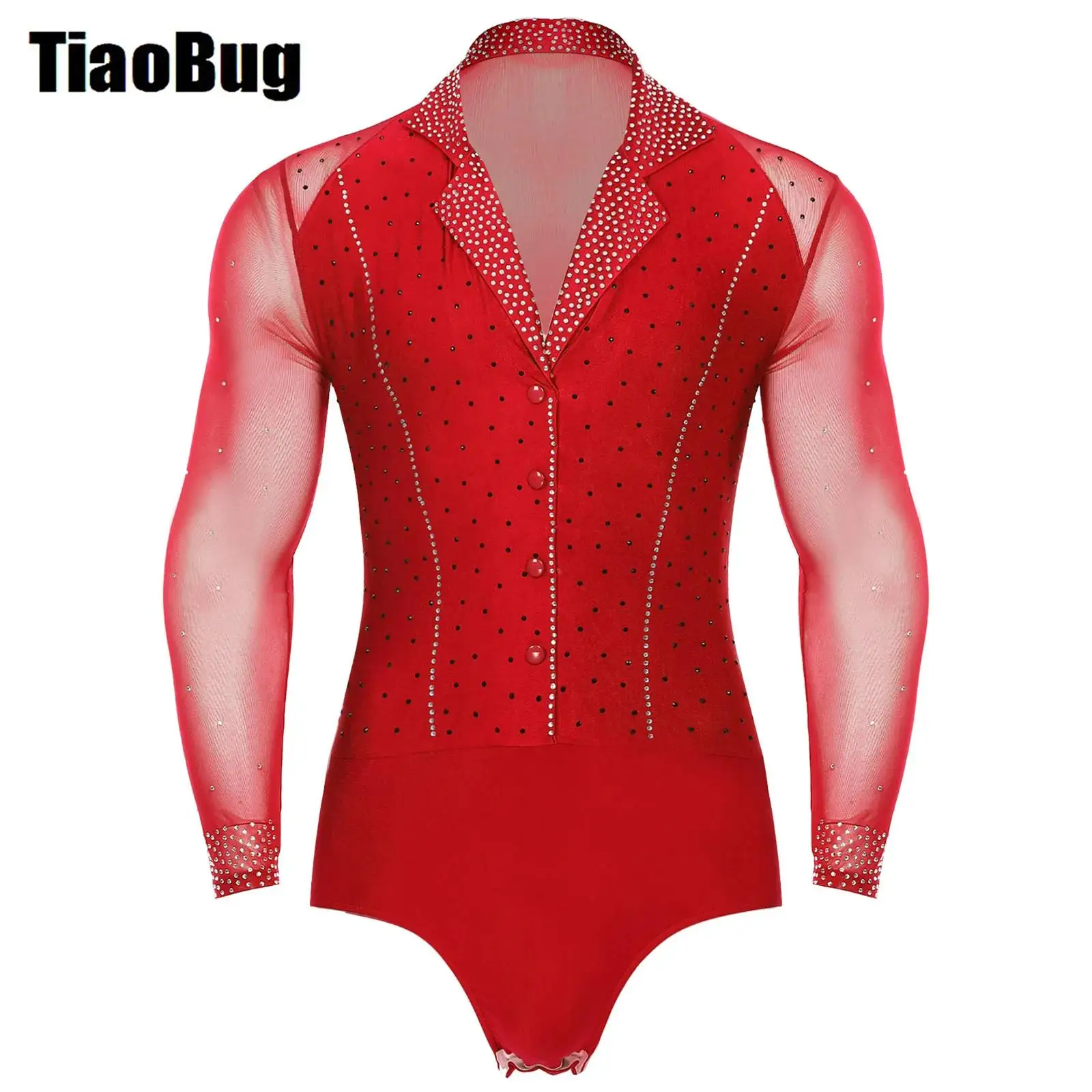 

Mens Latin Tango Ballroom Bodysuit Dance Leotard Lapel Collar Sheer Mesh Patchwork Long Sleeve Sparkly Rhinestone Bodysuit